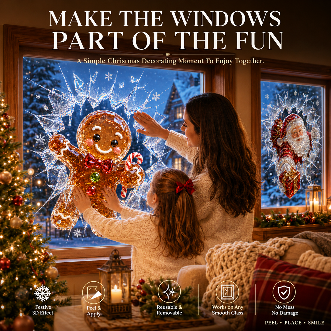🔥Limited time 70% OFF -✨🎄Crystal Christmas Break-In Window Decal — Realistic 3D Holiday Glass Illusion