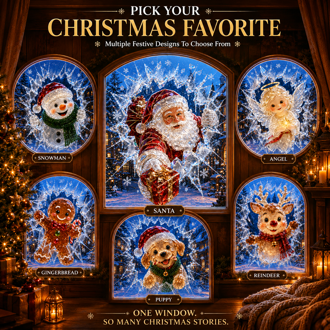 🔥Limited time 70% OFF -✨🎄Crystal Christmas Break-In Window Decal — Realistic 3D Holiday Glass Illusion