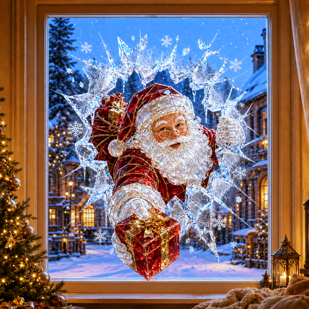 🔥Limited time 70% OFF -✨🎄Crystal Christmas Break-In Window Decal — Realistic 3D Holiday Glass Illusion