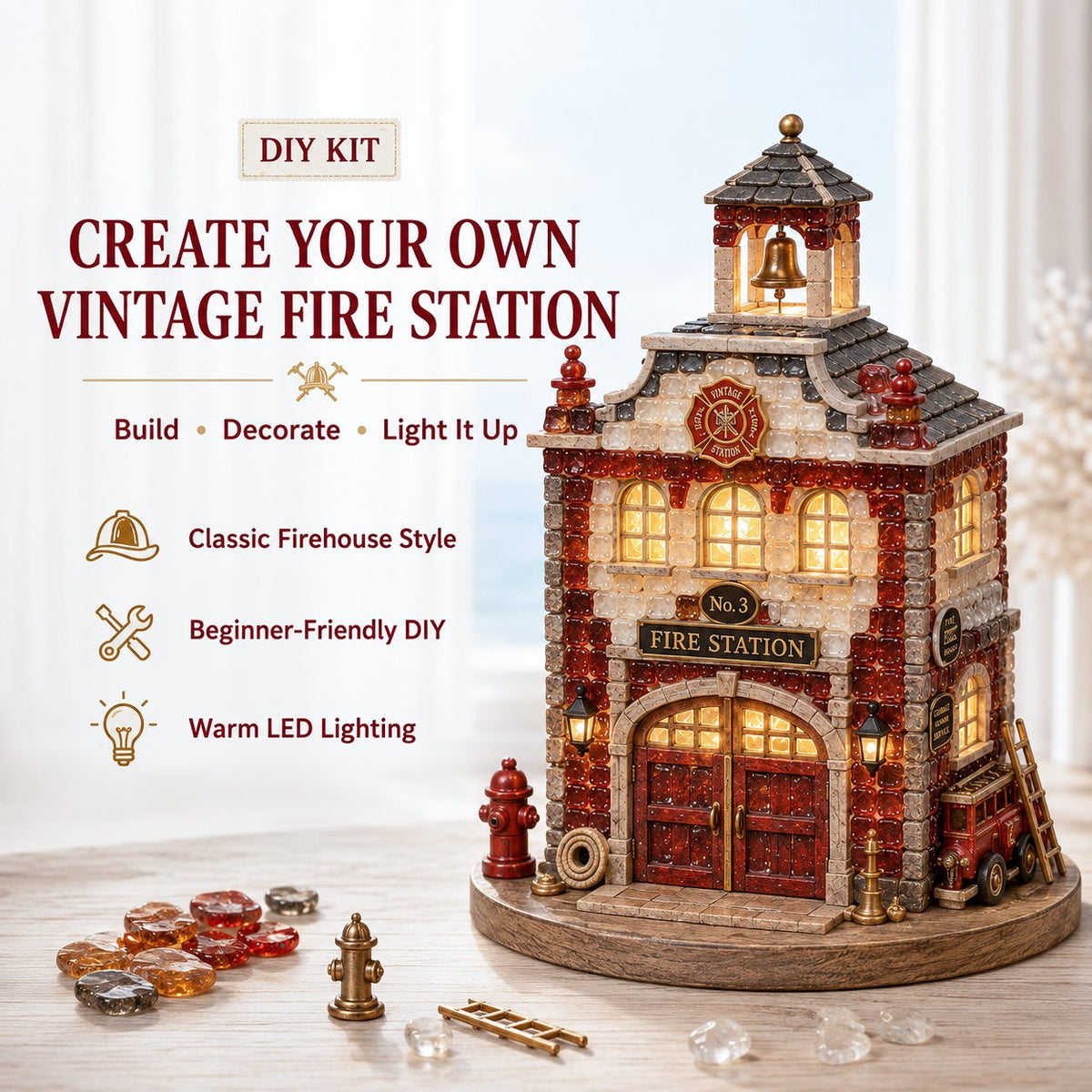 🚒 Beginner-Friendly Vintage Firehouse Mosaic Light DIY Kit Collection | Complete Kit with Mosaic Pieces, LED Lights & Step-by-Step Guide Included 💕