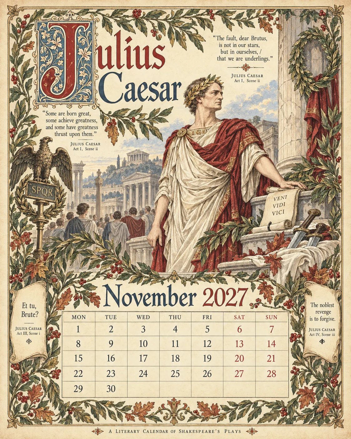 🔥Hot Sale🔥 - A Shakespearean Year 2027 – 12 Plays Through the Seasons | Vintage Illustrated Wall Calendar