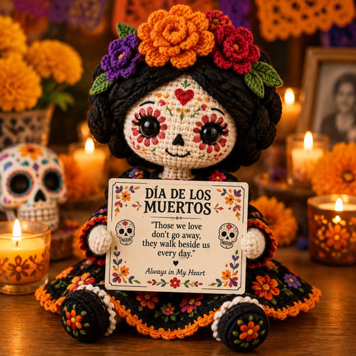 Handcrafted Día de los Muertos Crochet Doll – Sugar Skull Catrina Figurine with Floral Dress & Memorial Sign
