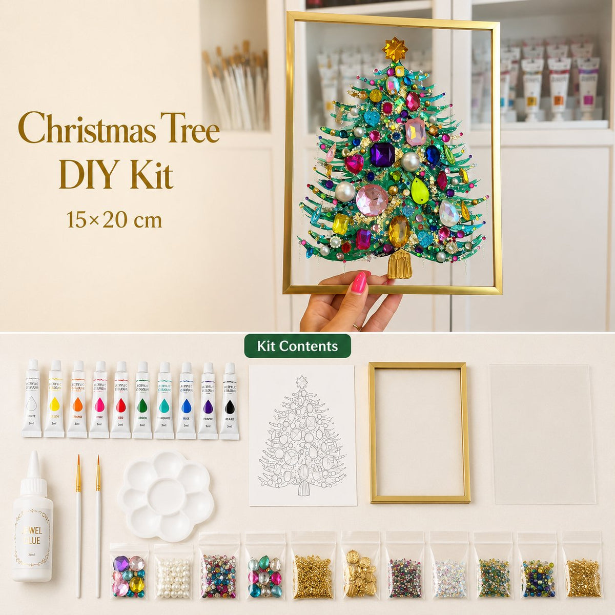 🔥 LAST DAY 49% OFF – 🎄 DIY Jeweled Christmas Tree Art Kit | Colorful Gems, Pearls, Paints & Gold-Tone Floating Display Frame 💎✨
