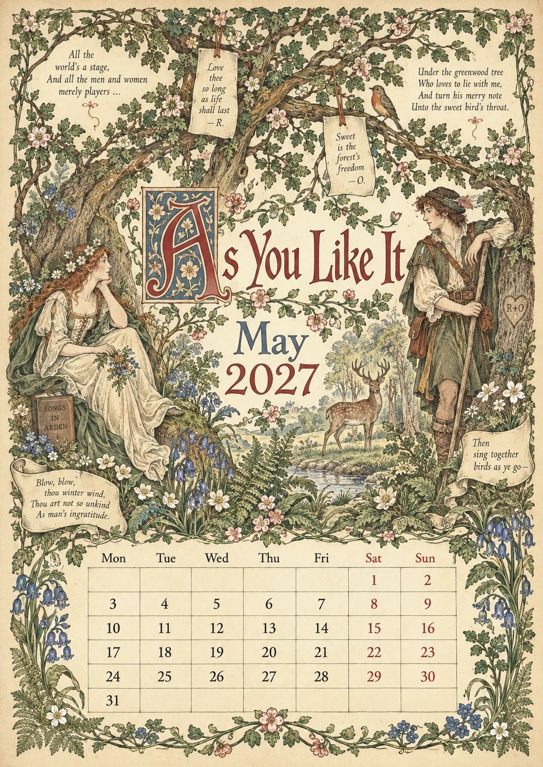 🔥Hot Sale🔥 - A Shakespearean Year 2027 – 12 Plays Through the Seasons | Vintage Illustrated Wall Calendar