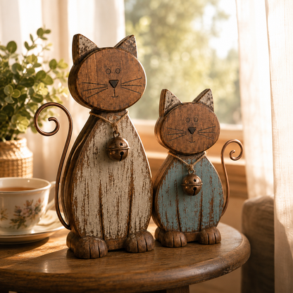Rustic Wooden Cat Figurines