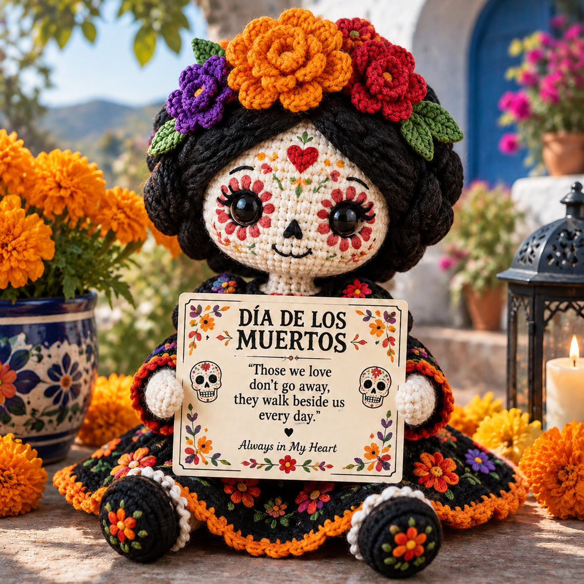 Handcrafted Día de los Muertos Crochet Doll – Sugar Skull Catrina Figurine with Floral Dress & Memorial Sign