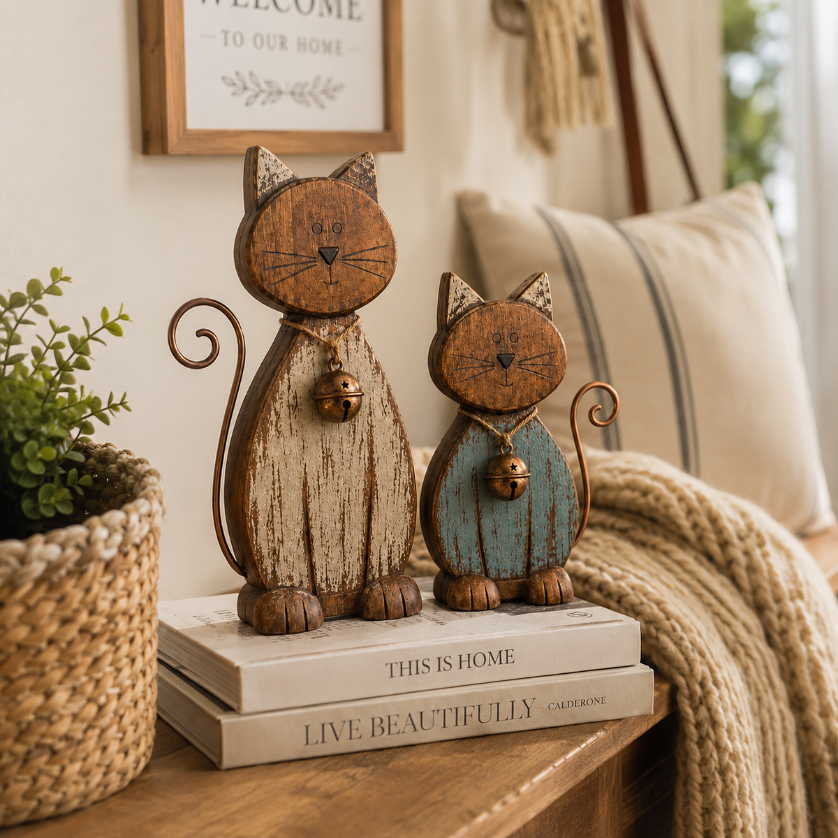 Rustic Wooden Cat Figurines