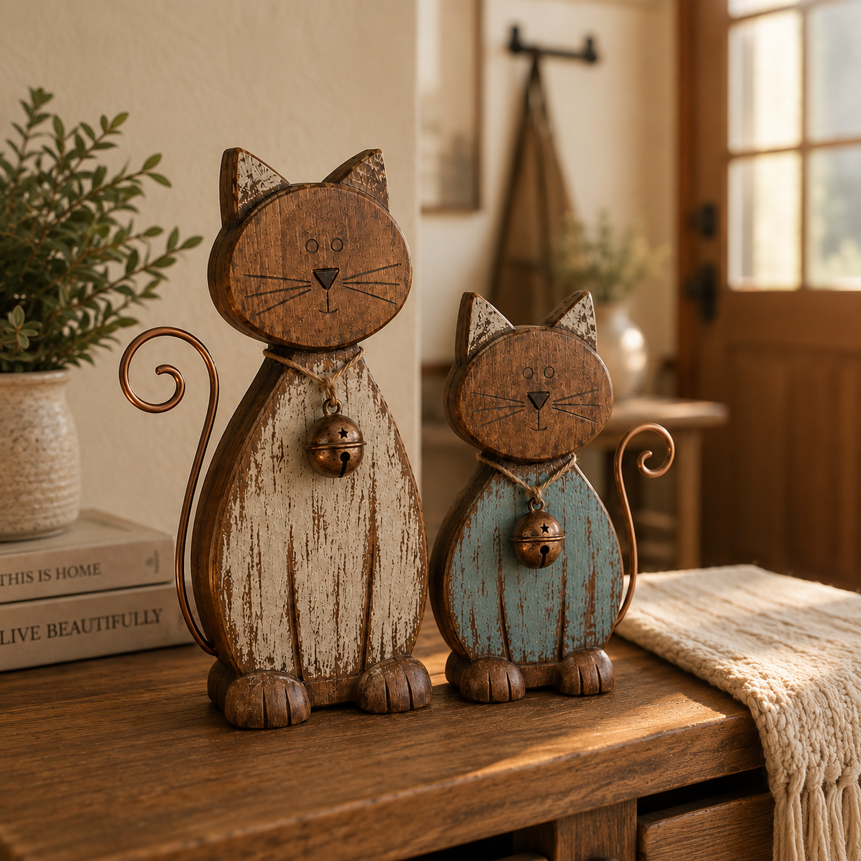 Rustic Wooden Cat Figurines