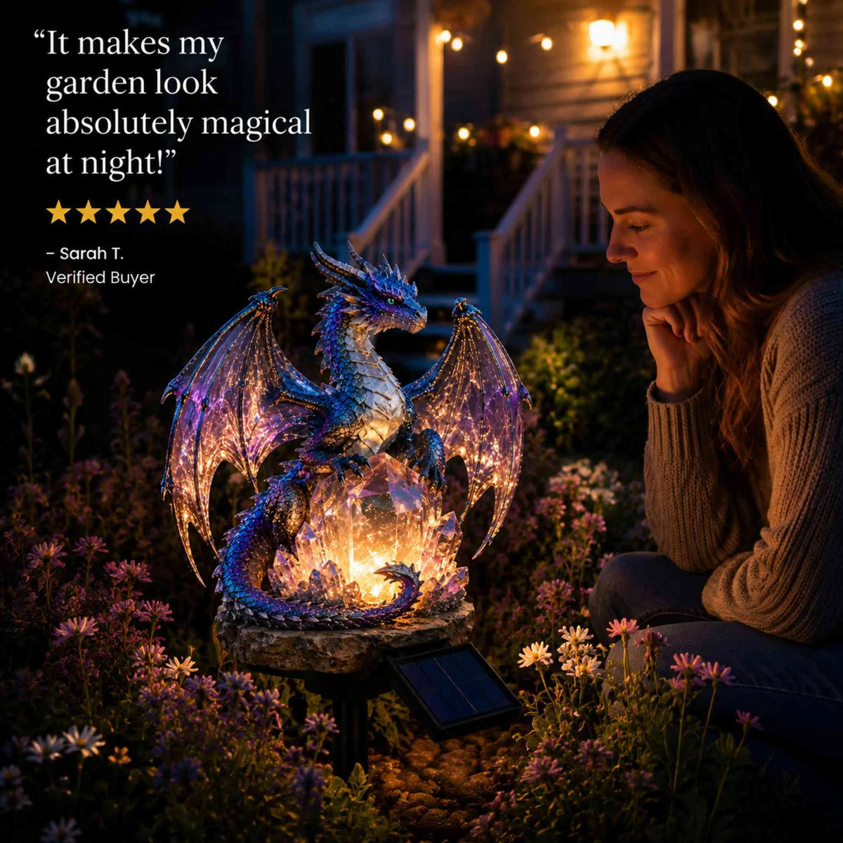 🐉 Crystal Guardian Solar Dragon Garden Statue with LED Light