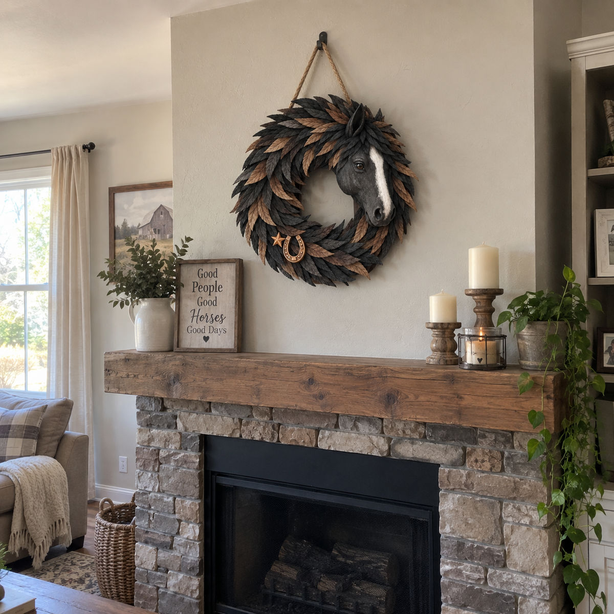 🔥Hot Sale🔥 - 🐴🤎Rustic Horse Head Wreath – Western Farmhouse Wall & Door Decor🎁