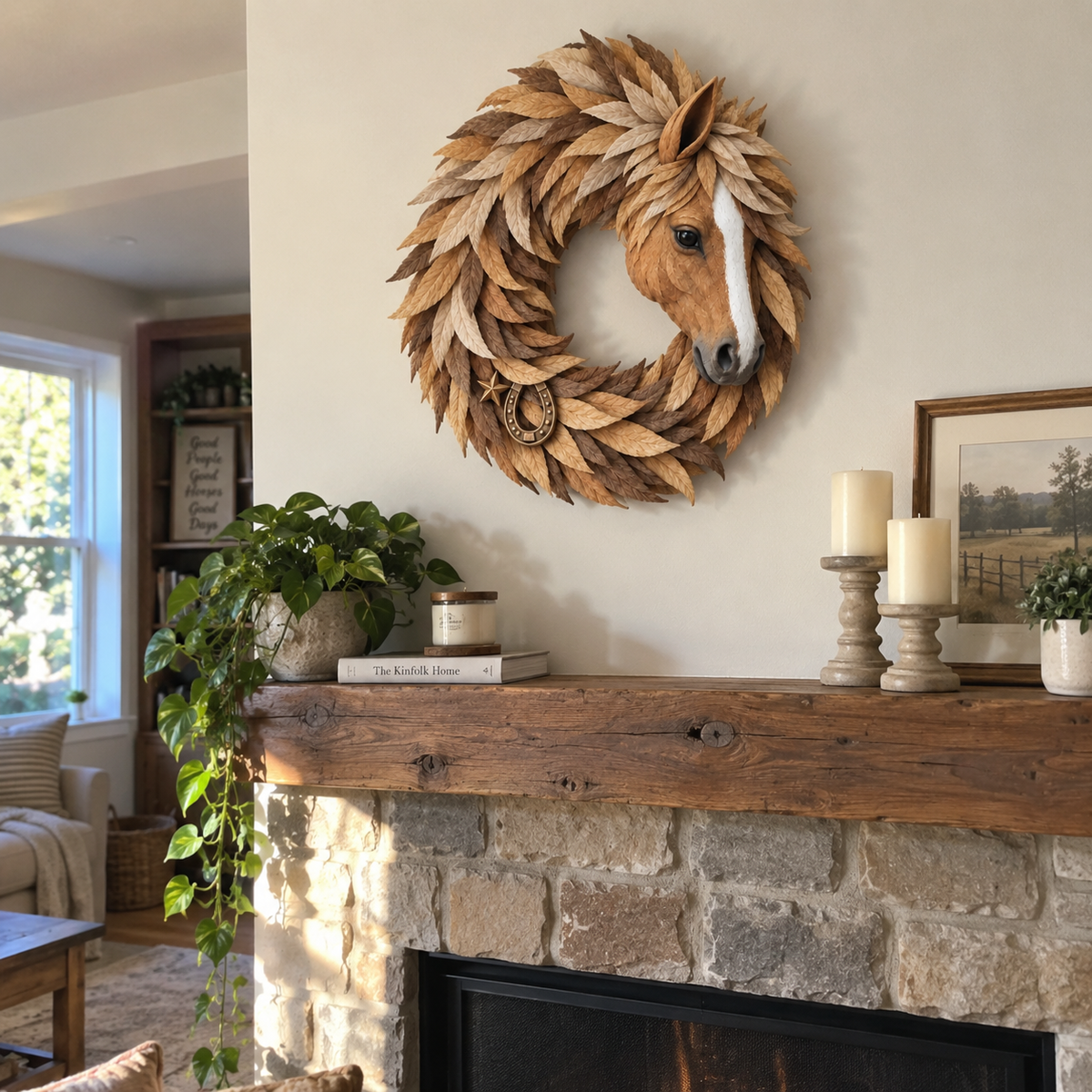 🔥Hot Sale🔥 - 🐴🤎Rustic Horse Head Wreath – Western Farmhouse Wall & Door Decor🎁