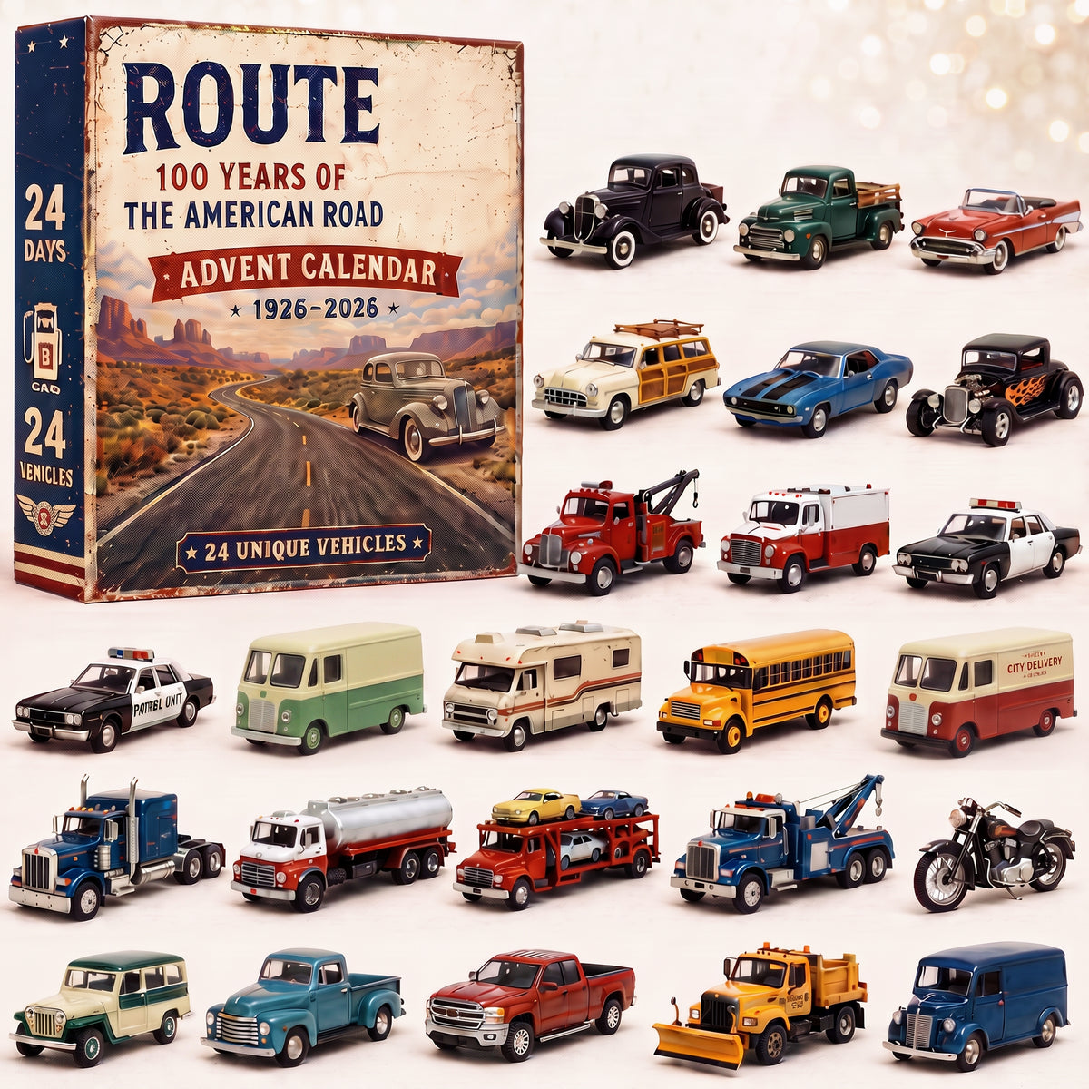 🔥Hot Sale🔥 - Route 66 Centennial Advent Calendar – 100 Years of the American Road | 24 Vintage Vehicle Collectibles