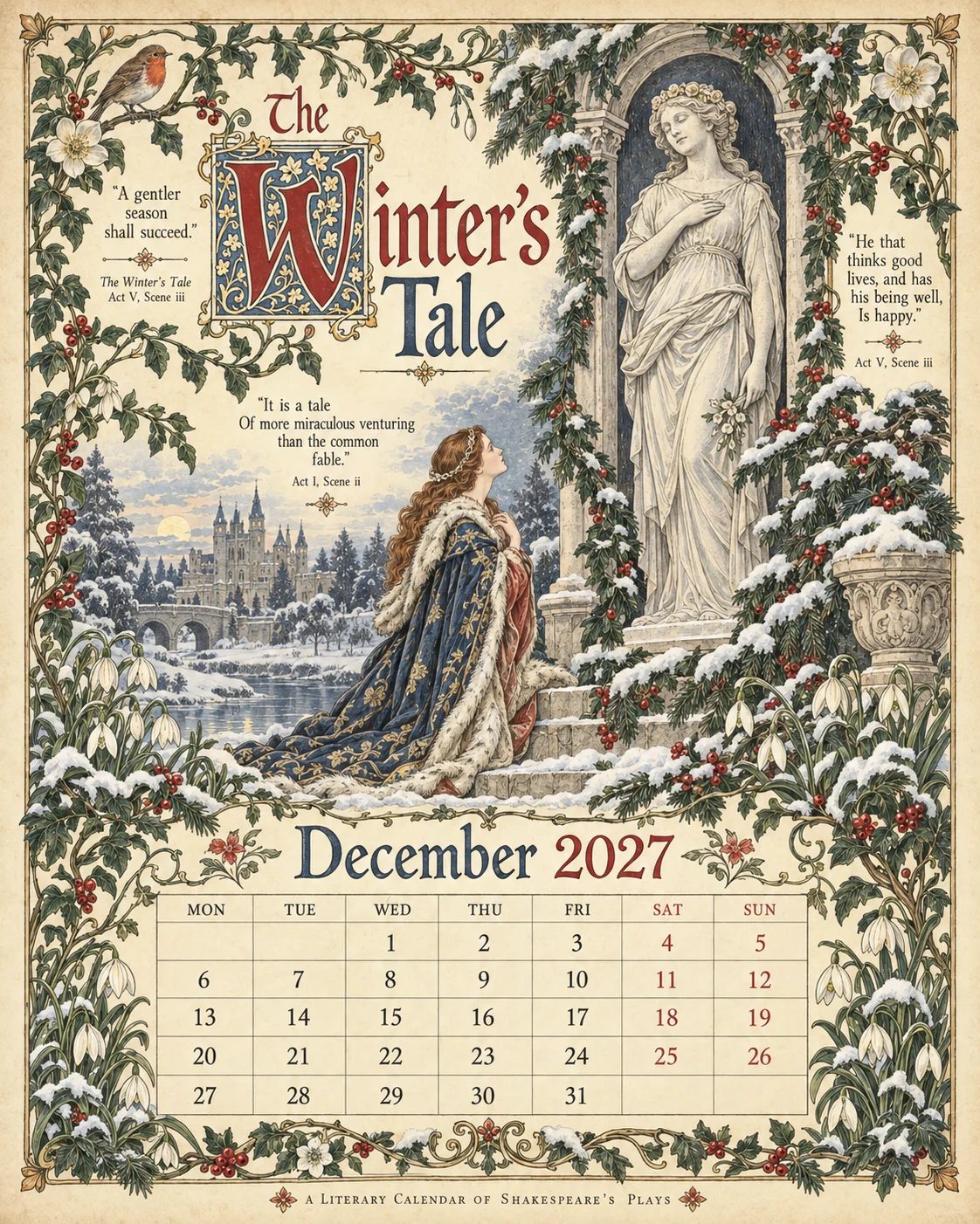 🔥Hot Sale🔥 - A Shakespearean Year 2027 – 12 Plays Through the Seasons | Vintage Illustrated Wall Calendar