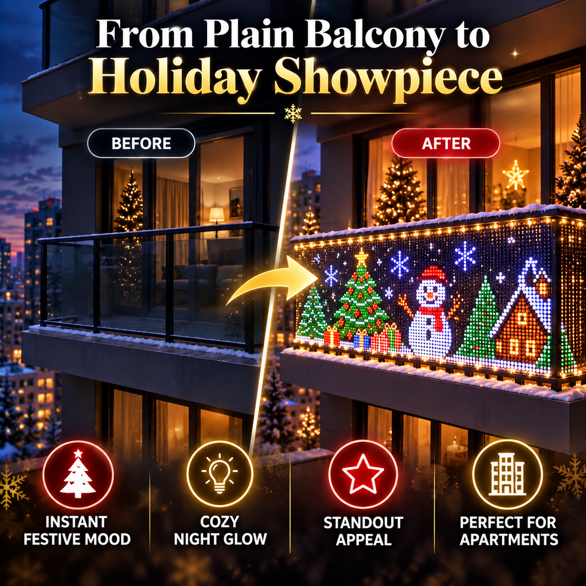 🎄 Smart RGB Pixel Curtain Lights – App-Controlled Animated Holiday Display for Balcony & Window Decor