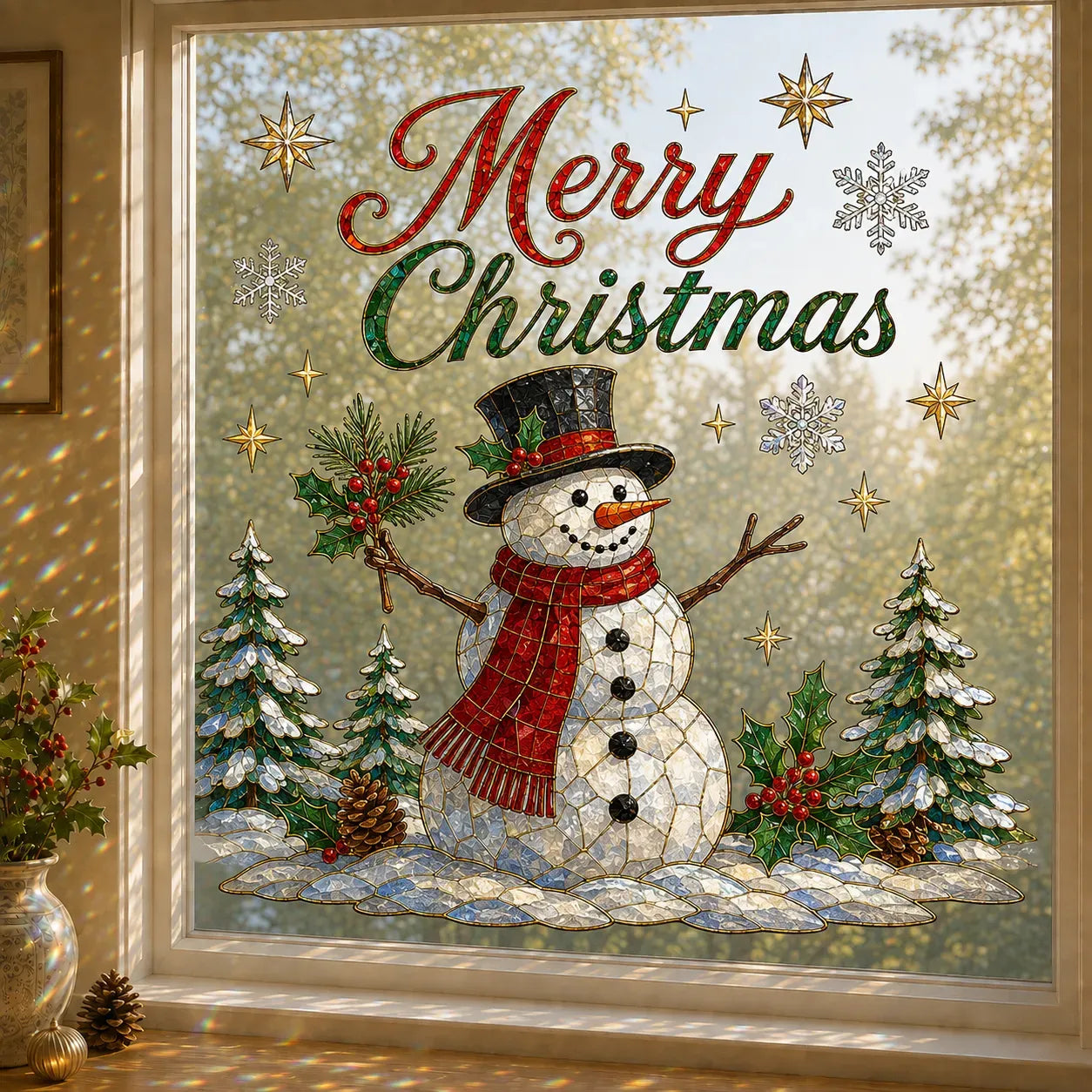 🔥Hot Sale🔥 - 🎄Christmas Window Scene Decor – 28×28in Festive Snowman & Angel Holiday Art