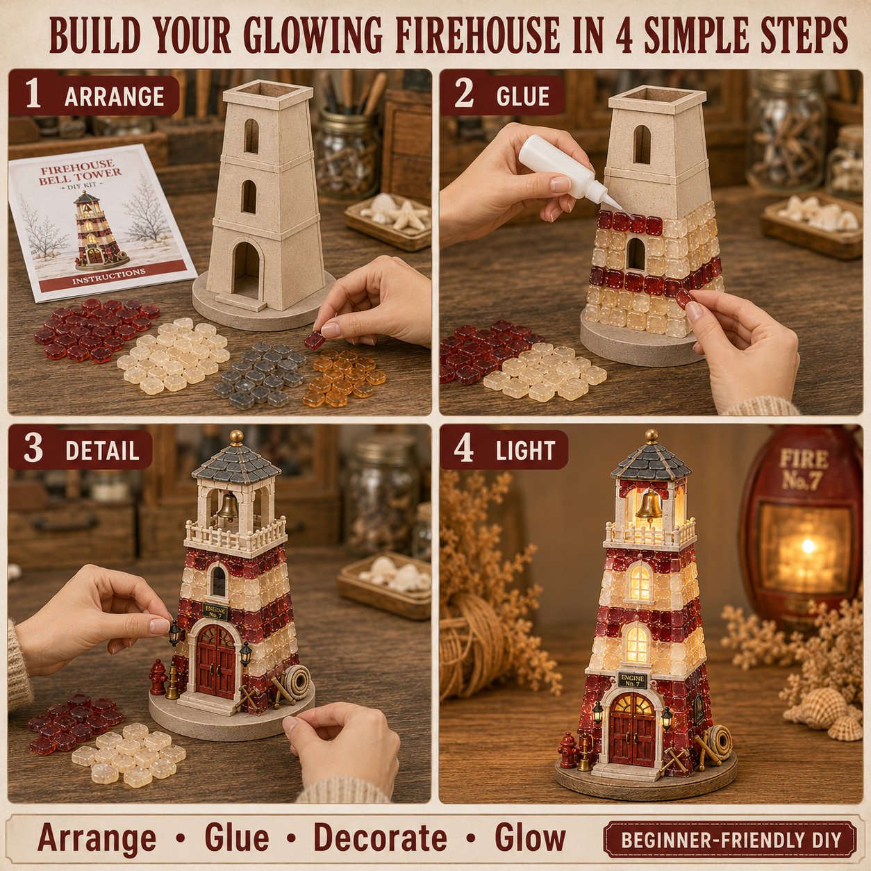 🚒 Beginner-Friendly Vintage Firehouse Mosaic Light DIY Kit Collection | Complete Kit with Mosaic Pieces, LED Lights & Step-by-Step Guide Included 💕