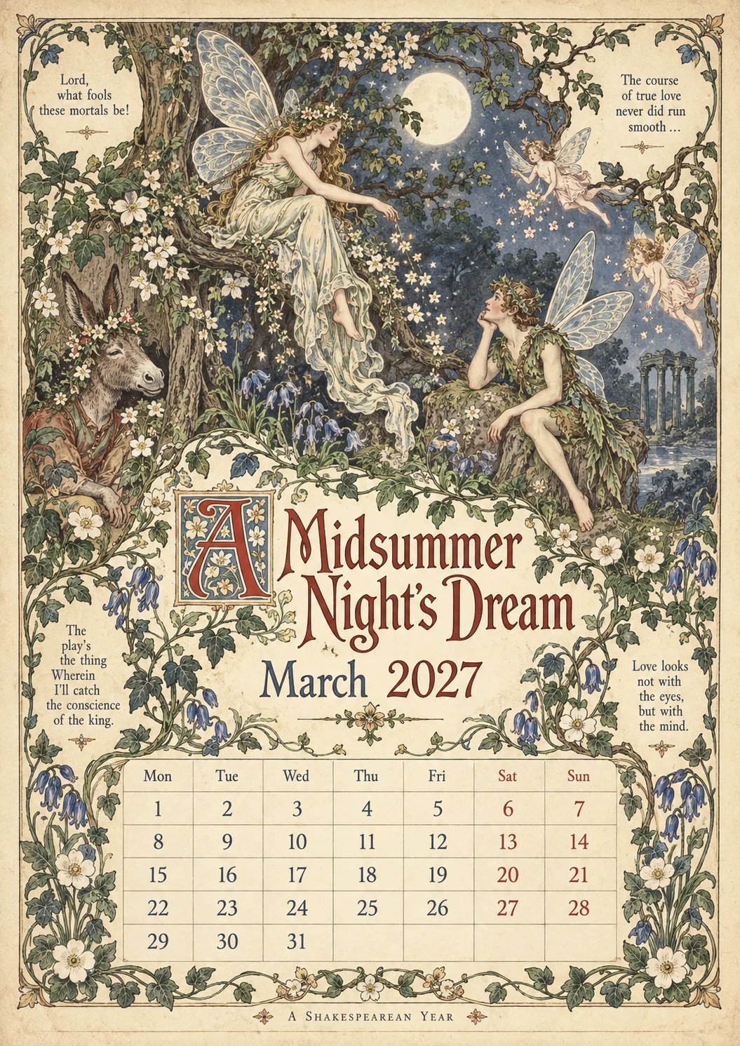 🔥Hot Sale🔥 - A Shakespearean Year 2027 – 12 Plays Through the Seasons | Vintage Illustrated Wall Calendar