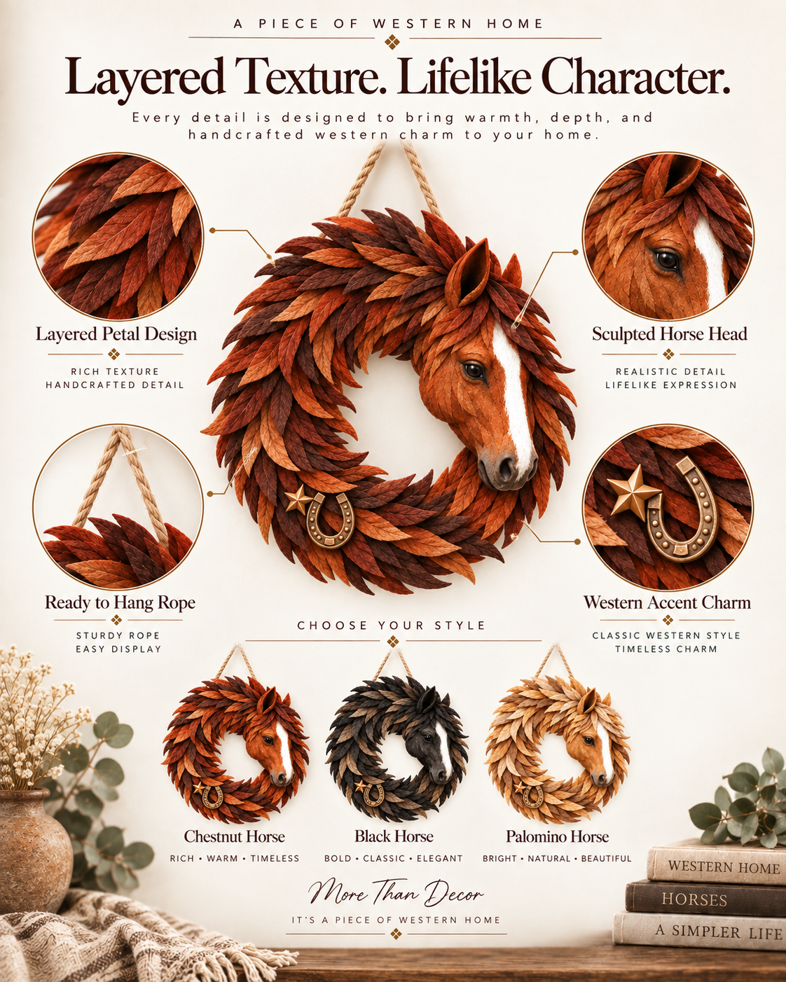 🔥Hot Sale🔥 - 🐴🤎Rustic Horse Head Wreath – Western Farmhouse Wall & Door Decor🎁