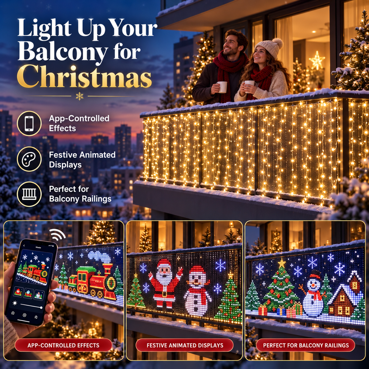 🎄 Smart RGB Pixel Curtain Lights – App-Controlled Animated Holiday Display for Balcony & Window Decor