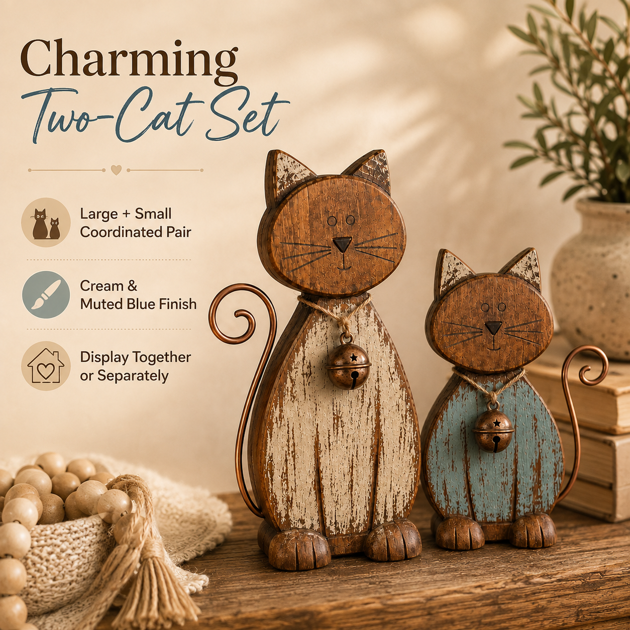 Rustic Wooden Cat Figurines