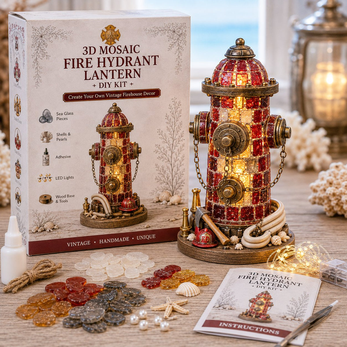 🚒 Beginner-Friendly Vintage Firehouse Mosaic Light DIY Kit Collection | Complete Kit with Mosaic Pieces, LED Lights & Step-by-Step Guide Included 💕