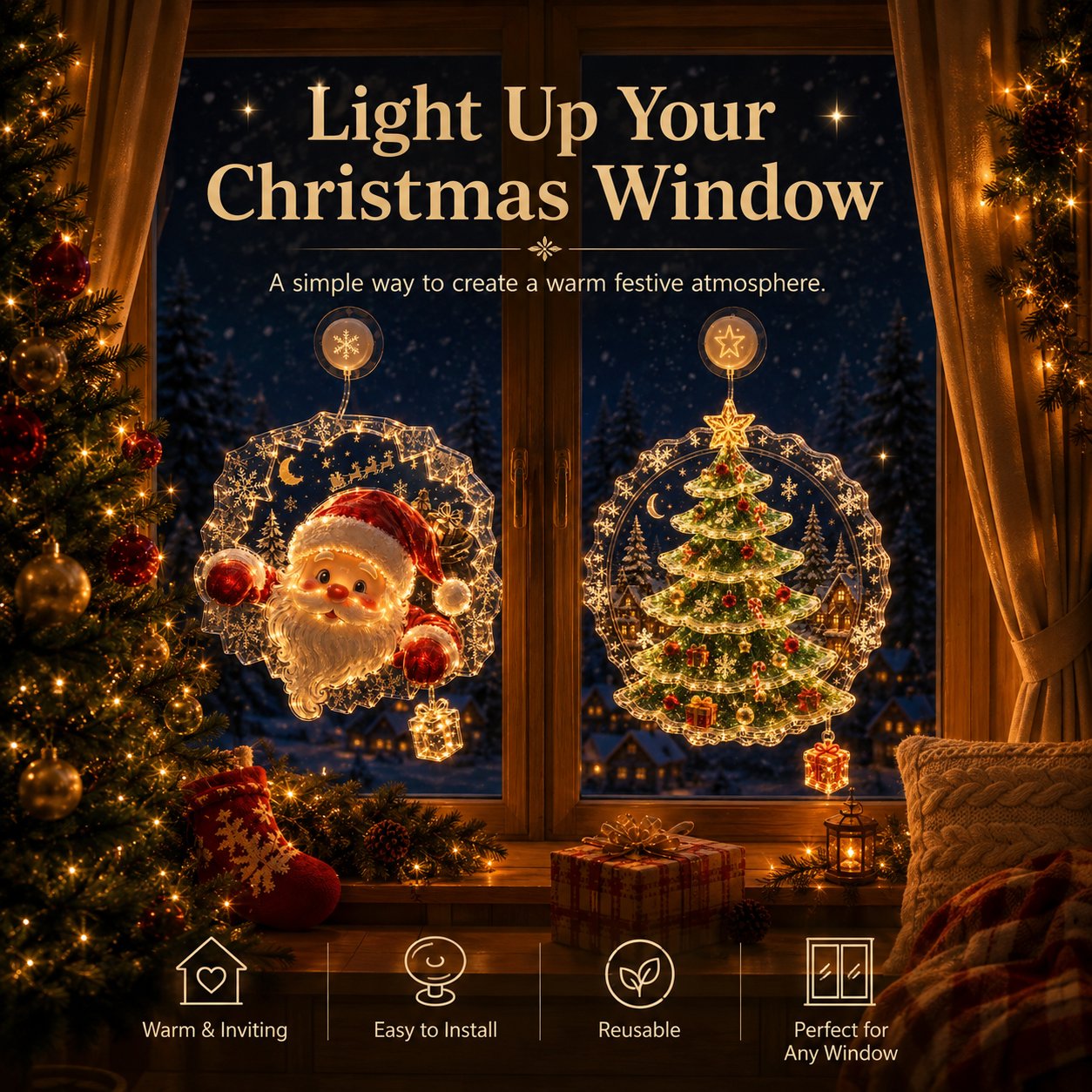 🎄🪟 Festive Glow Window Ornament – Suction-Cup Christmas Light with Layered Holiday Design