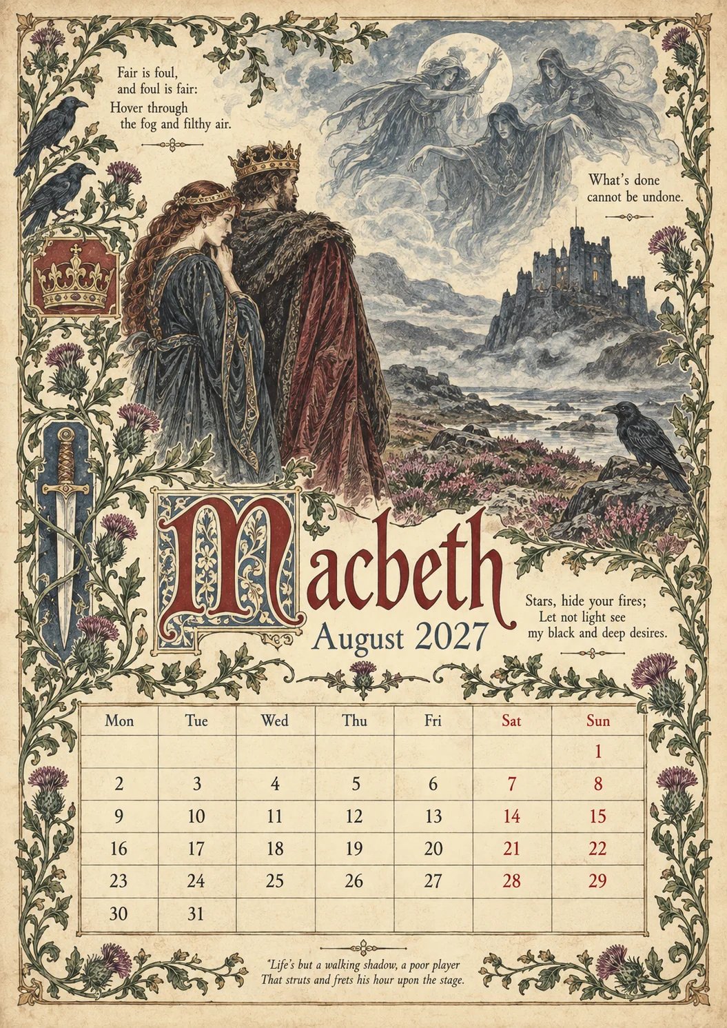 🔥Hot Sale🔥 - A Shakespearean Year 2027 – 12 Plays Through the Seasons | Vintage Illustrated Wall Calendar