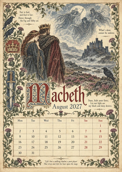🔥Hot Sale🔥 - A Shakespearean Year 2027 – 12 Plays Through the Seasons | Vintage Illustrated Wall Calendar