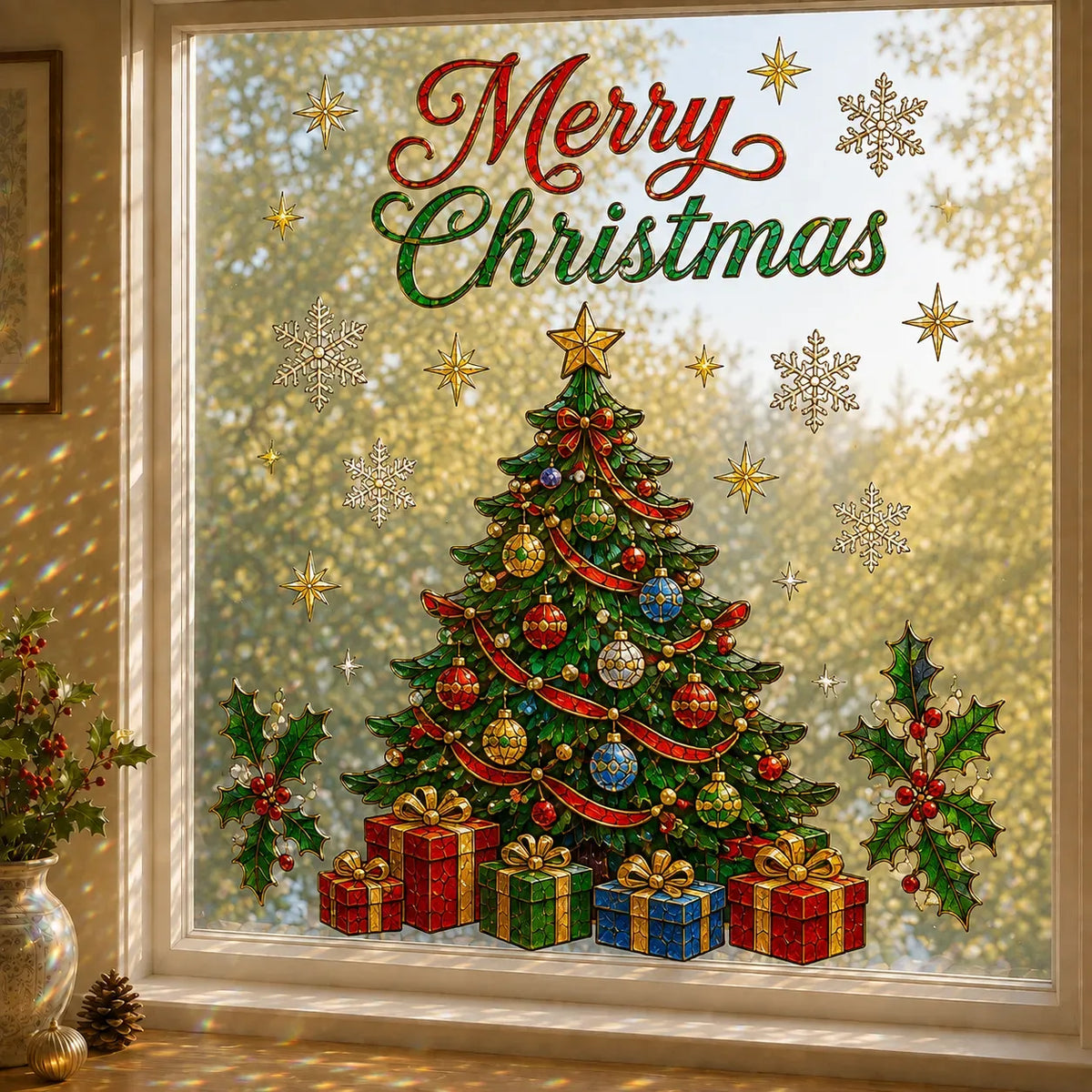 🔥Hot Sale🔥 - 🎄Christmas Window Scene Decor – 28×28in Festive Snowman & Angel Holiday Art