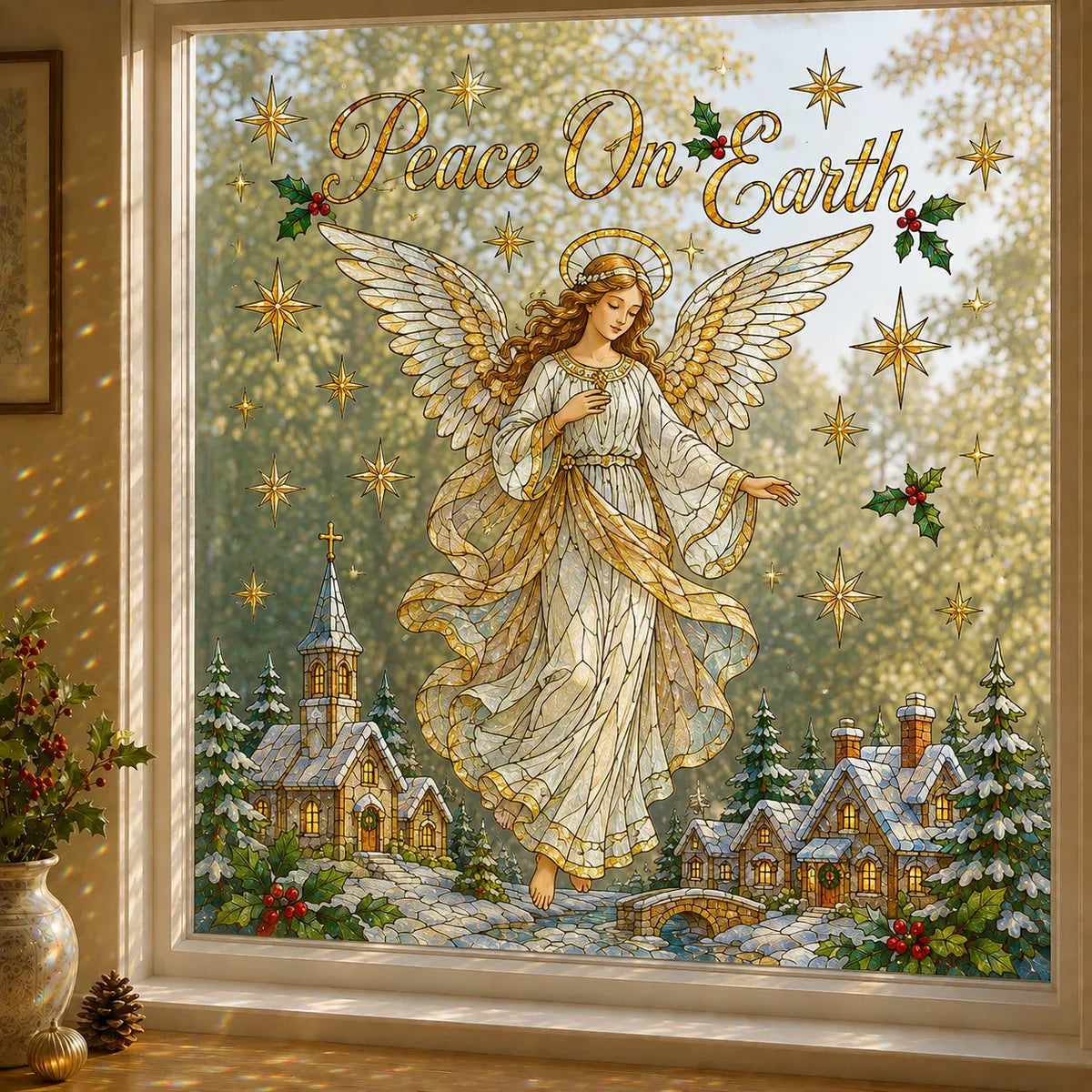 🔥Hot Sale🔥 - 🎄Christmas Window Scene Decor – 28×28in Festive Snowman & Angel Holiday Art