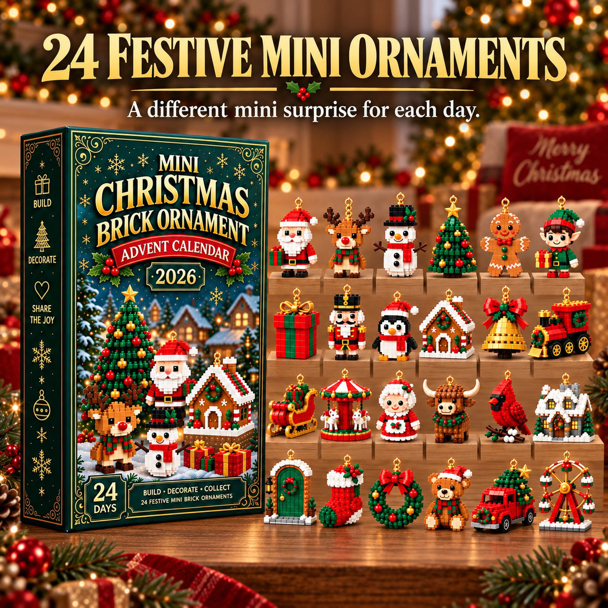 🎄 24-Day Mini Christmas Ornament Advent Calendar | 24 unique festive buildable designs with hanging loops—perfect for decorating Christmas trees, wreaths, and holiday displays 🧱