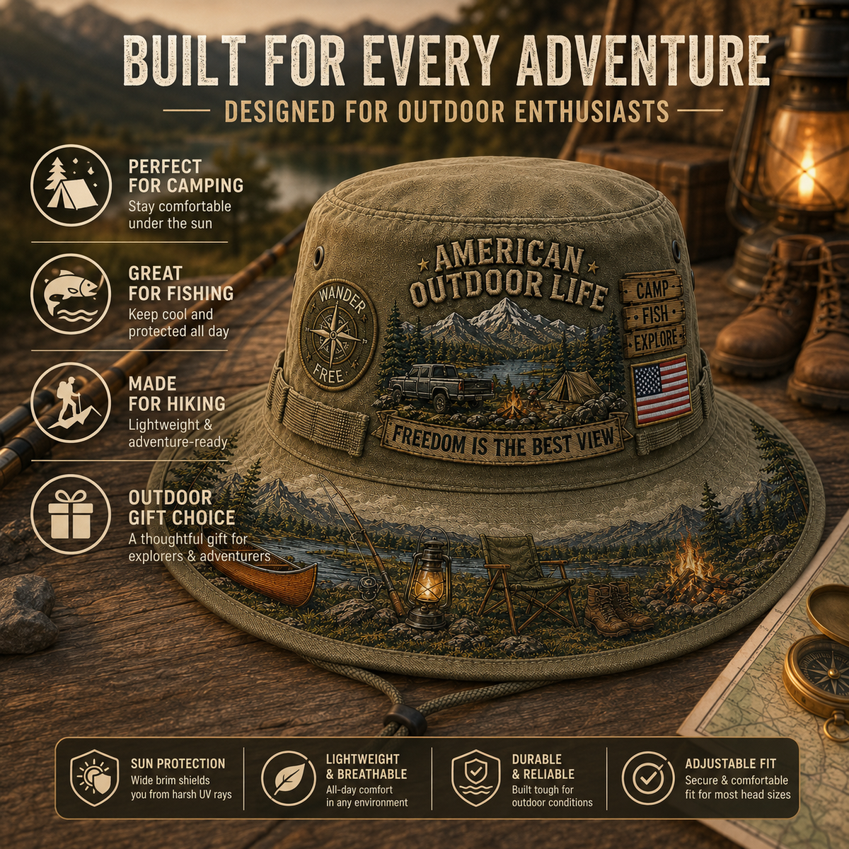 🔥Hot Sale🔥 - ☀️🚙American Outdoor Life Vintage Boonie Hat – Camp, Fish & Explore🎣
