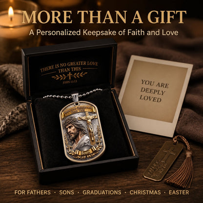 ✝️❤️Personalized "Greater Love" 3D Jesus Dog Tag Necklace - Customized Christian Faith Keepsake