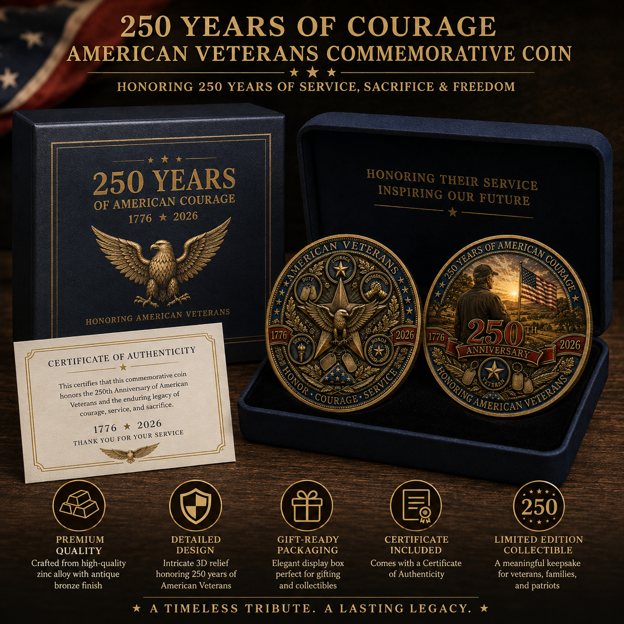 🇺🇸 Limited Edition 250th Anniversary Commemorative Veteran Coin (1776-2026)🦅