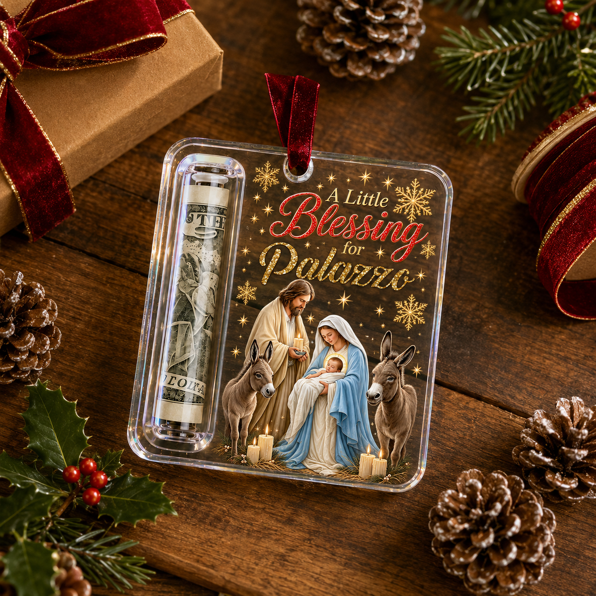 Custom Name Christmas Money Holder Acrylic Ornament, Personalized Xmas Tree Hanging Keepsake Holiday Gift for Family Kids