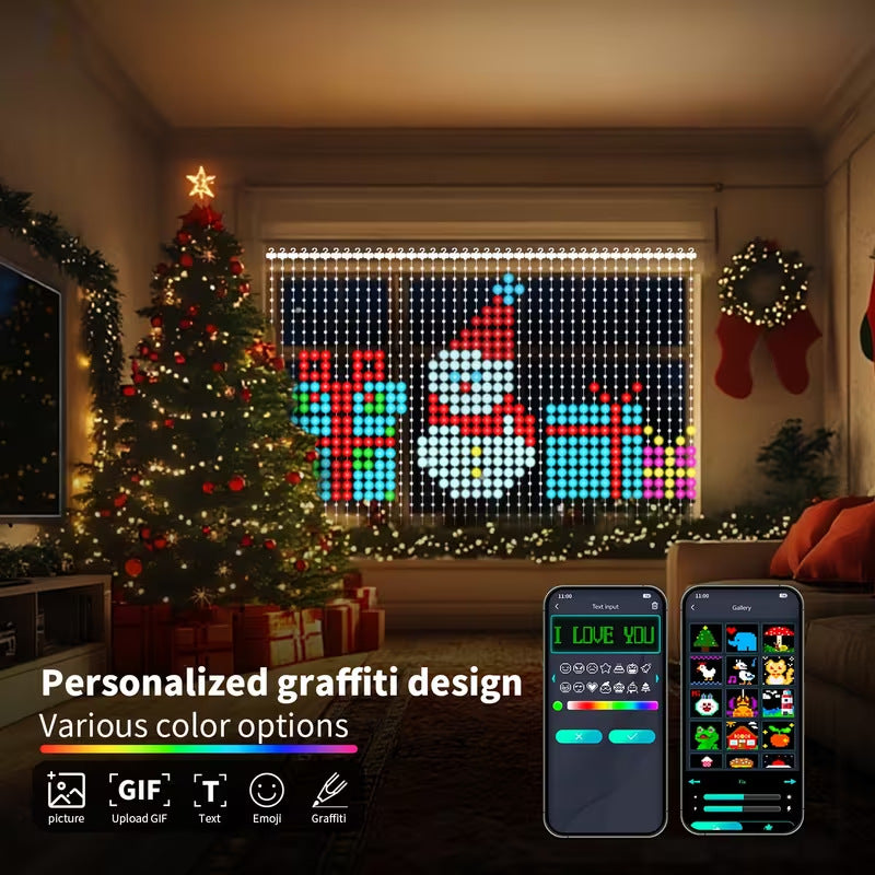 🎄 Smart RGB Pixel Curtain Lights – App-Controlled Animated Holiday Display for Balcony & Window Decor