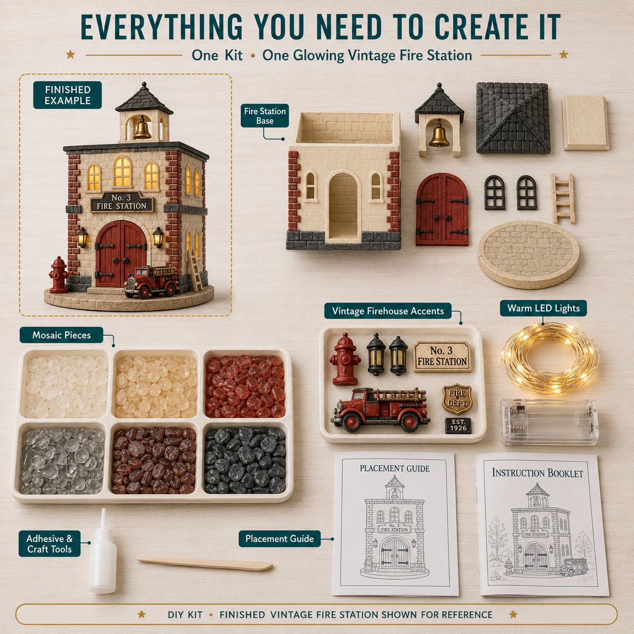🚒 Beginner-Friendly Vintage Firehouse Mosaic Light DIY Kit Collection | Complete Kit with Mosaic Pieces, LED Lights & Step-by-Step Guide Included 💕