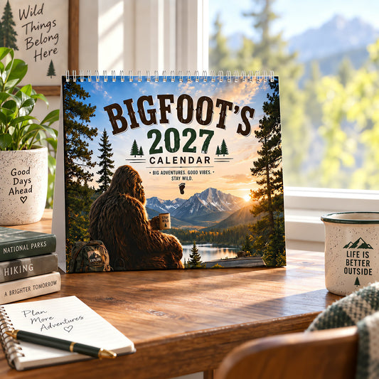 🦶 Bigfoot’s 2027 Wall Desk Calendar – Big Adventures. Good Vibes. Stay Wild.