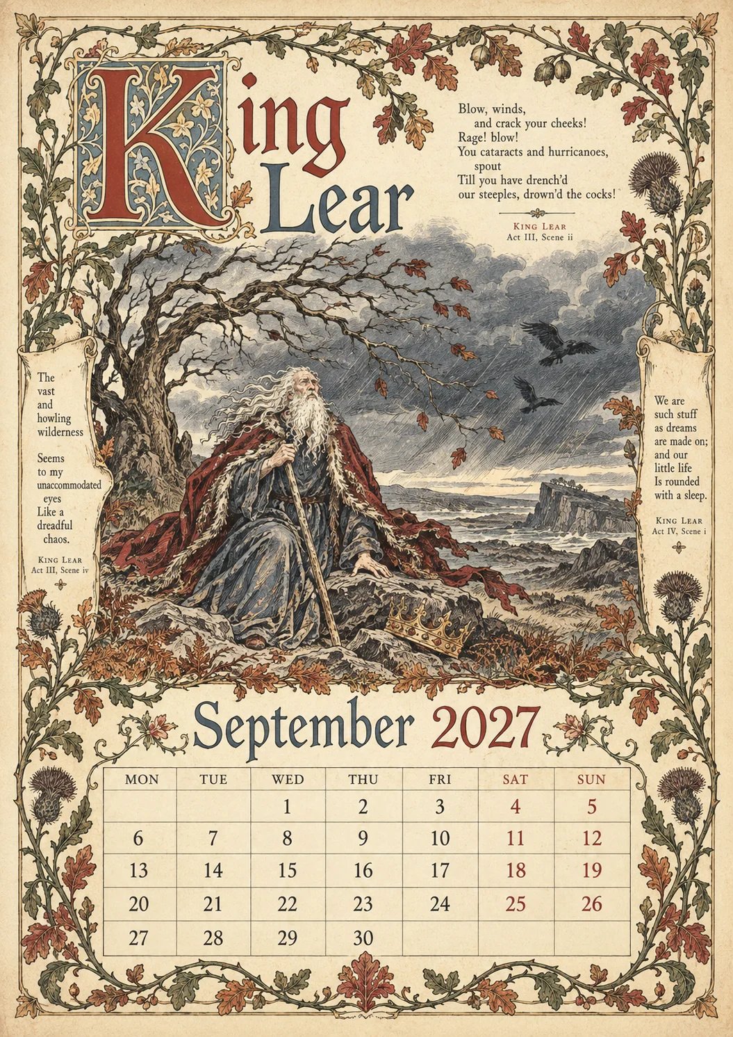 🔥Hot Sale🔥 - A Shakespearean Year 2027 – 12 Plays Through the Seasons | Vintage Illustrated Wall Calendar