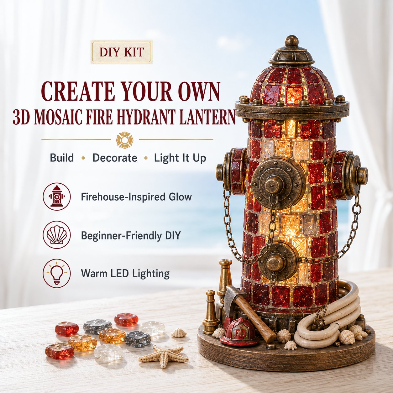 🚒 Beginner-Friendly Vintage Firehouse Mosaic Light DIY Kit Collection | Complete Kit with Mosaic Pieces, LED Lights & Step-by-Step Guide Included 💕