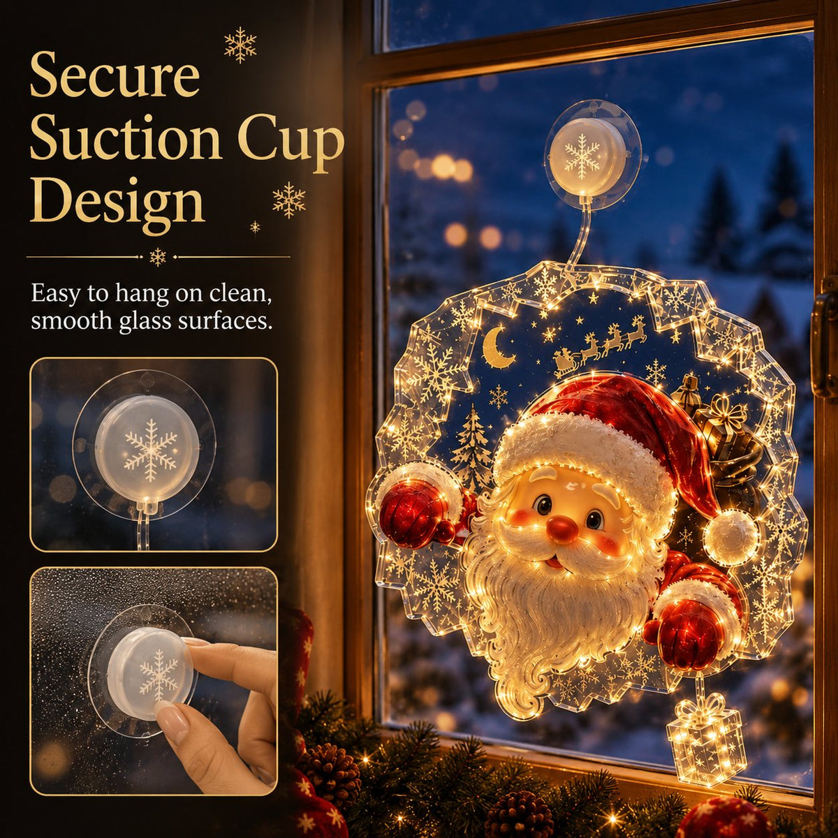 🎄🪟 Festive Glow Window Ornament – Suction-Cup Christmas Light with Layered Holiday Design