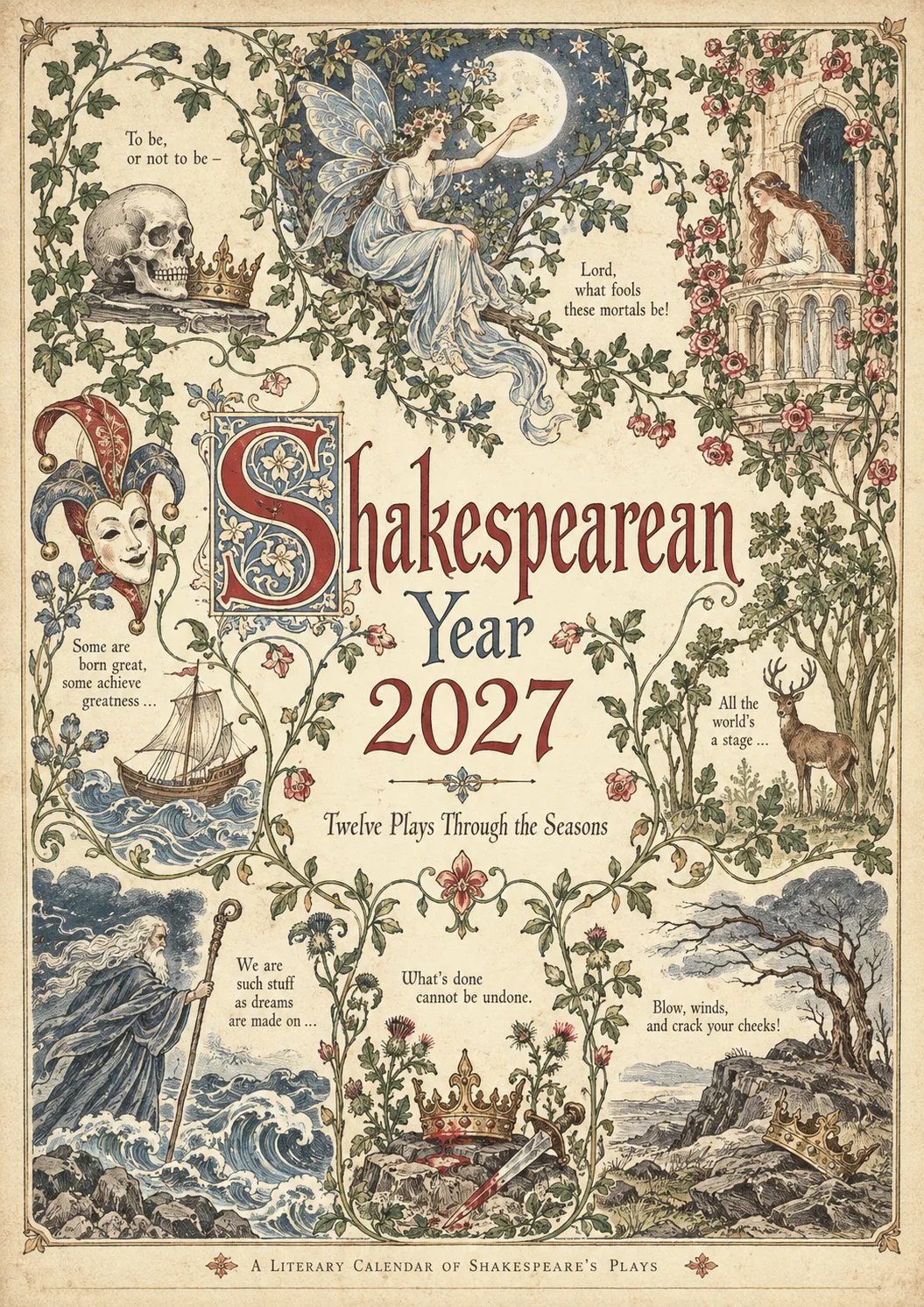 🔥Hot Sale🔥 - A Shakespearean Year 2027 – 12 Plays Through the Seasons | Vintage Illustrated Wall Calendar