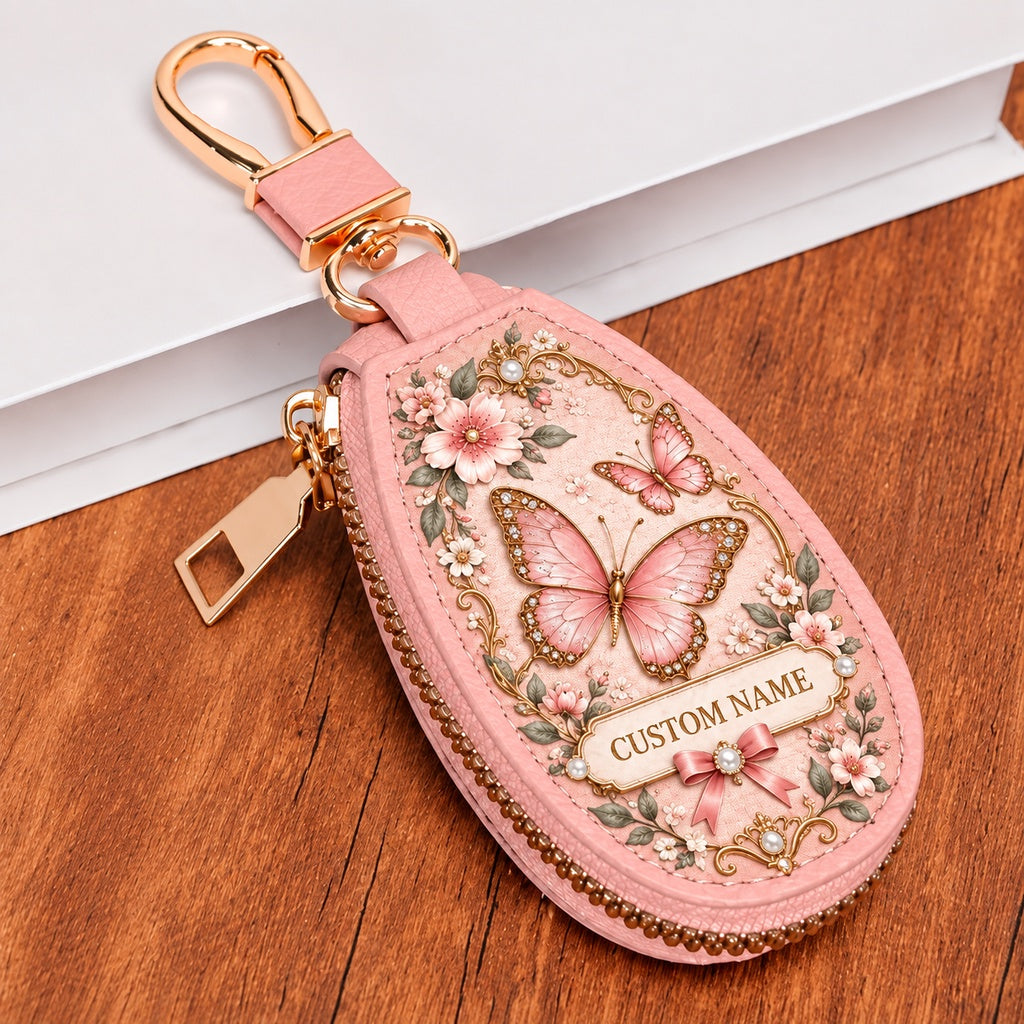 Personalized Flamingo Garden Key Pouch – Custom Name Floral Key Case