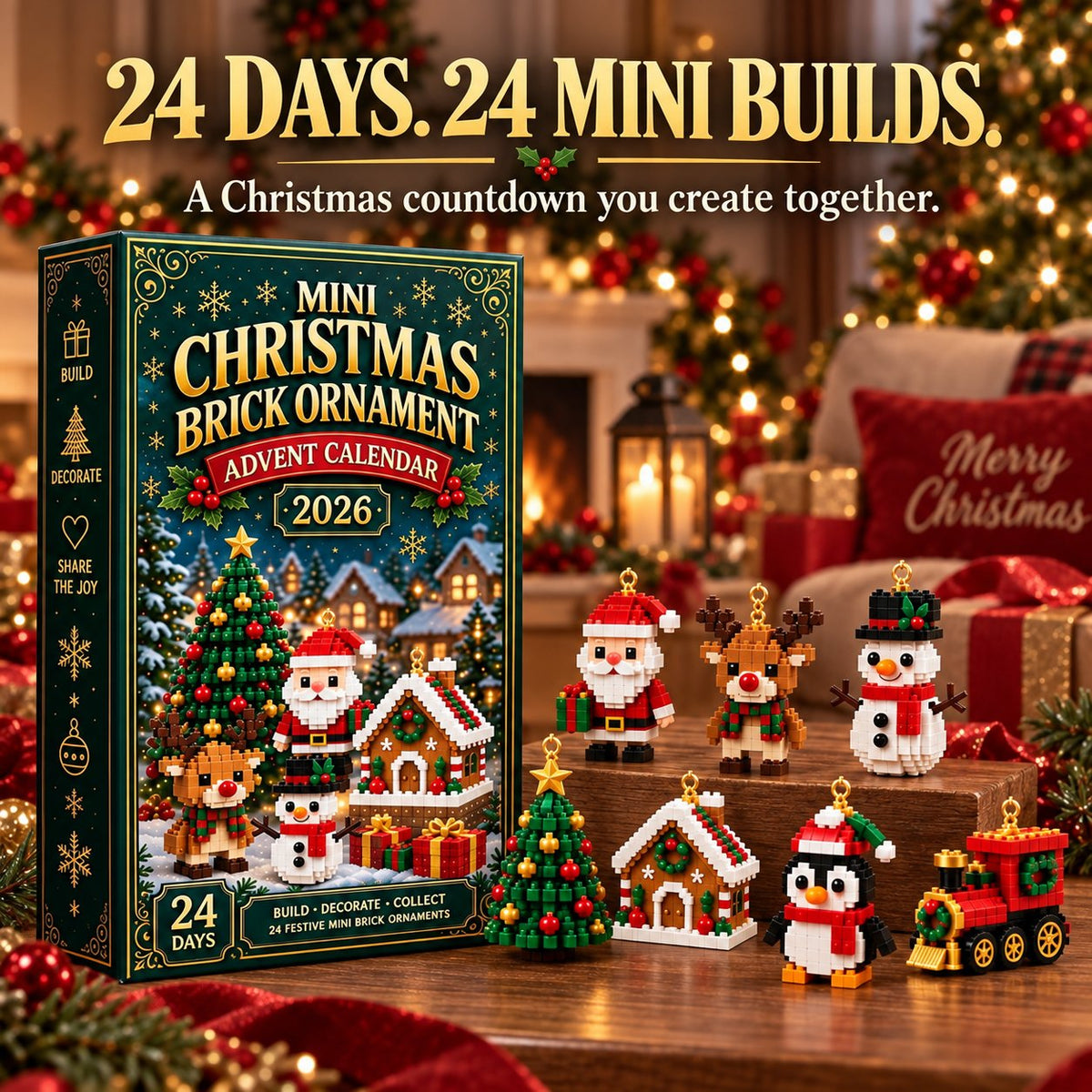 🎄 24-Day Mini Christmas Ornament Advent Calendar | 24 unique festive buildable designs with hanging loops—perfect for decorating Christmas trees, wreaths, and holiday displays 🧱