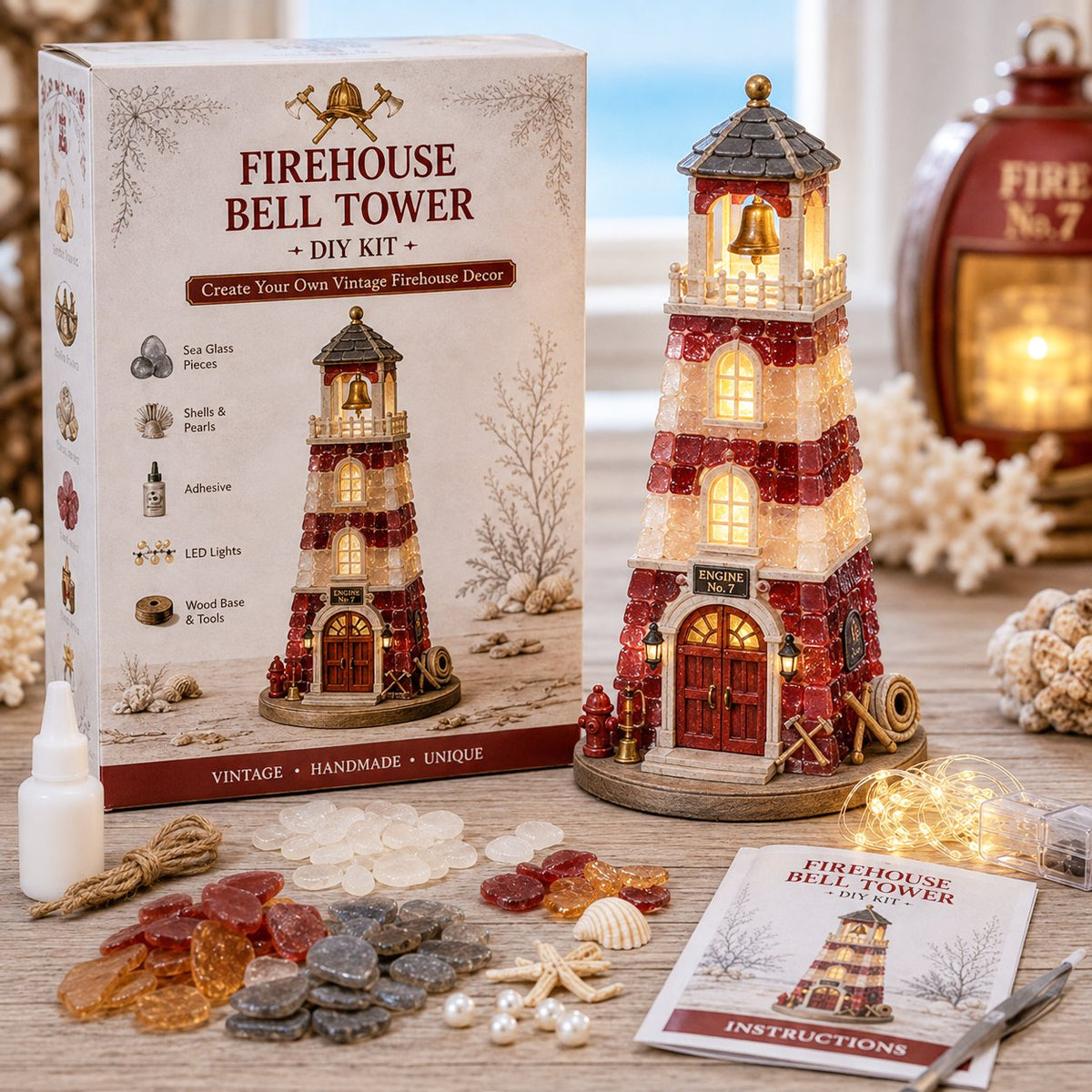 🚒 Beginner-Friendly Vintage Firehouse Mosaic Light DIY Kit Collection | Complete Kit with Mosaic Pieces, LED Lights & Step-by-Step Guide Included 💕