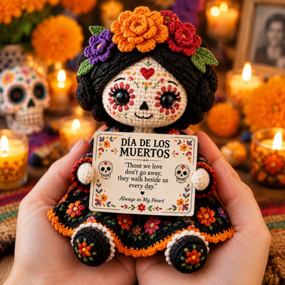Handcrafted Día de los Muertos Crochet Doll – Sugar Skull Catrina Figurine with Floral Dress & Memorial Sign