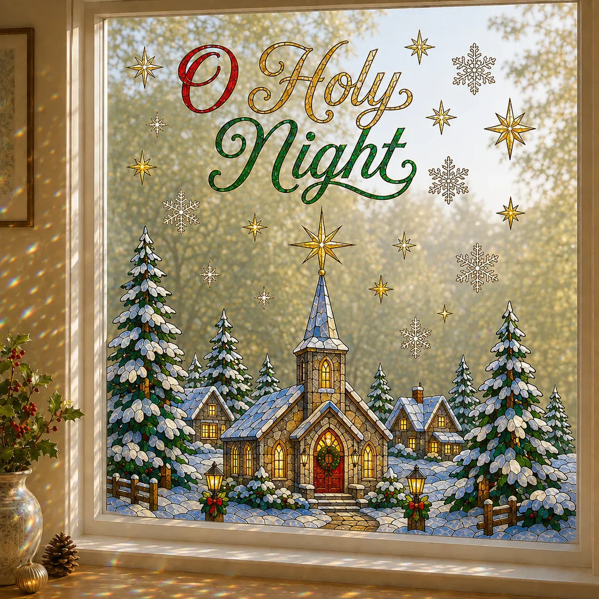 🔥Hot Sale🔥 - 🎄Christmas Window Scene Decor – 28×28in Festive Snowman & Angel Holiday Art