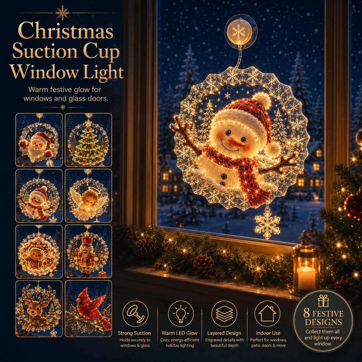 🎄🪟 Festive Glow Window Ornament – Suction-Cup Christmas Light with Layered Holiday Design