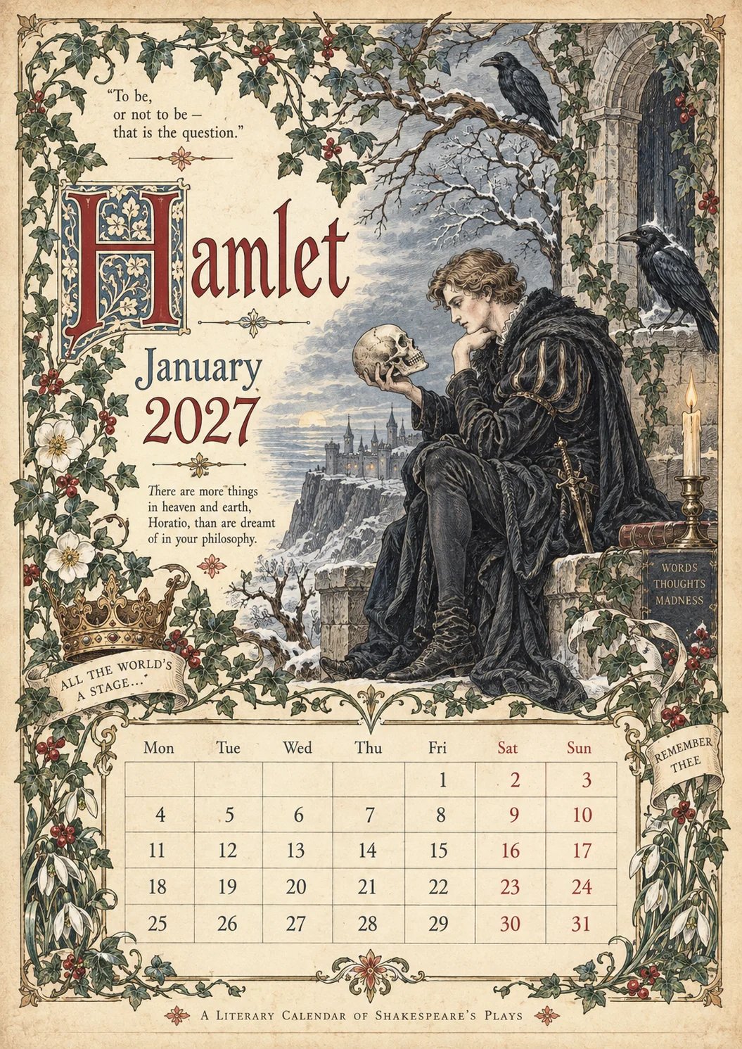 🔥Hot Sale🔥 - A Shakespearean Year 2027 – 12 Plays Through the Seasons | Vintage Illustrated Wall Calendar