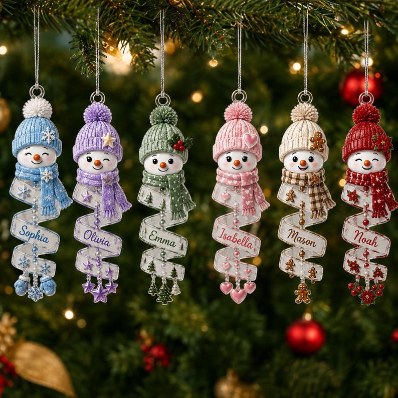 Christmas Snowman Spiral Ornament, Custom Name Snowman Acrylic Ornament, Christmas Tree Decor, Santa Snowman, 2026 Christmas Keepsake